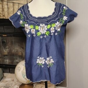 Embroidered Blue Mexican Women's Top
